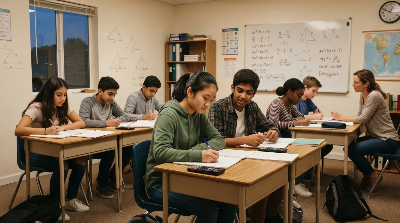 Students solving maths problems at their desks in the evening batch