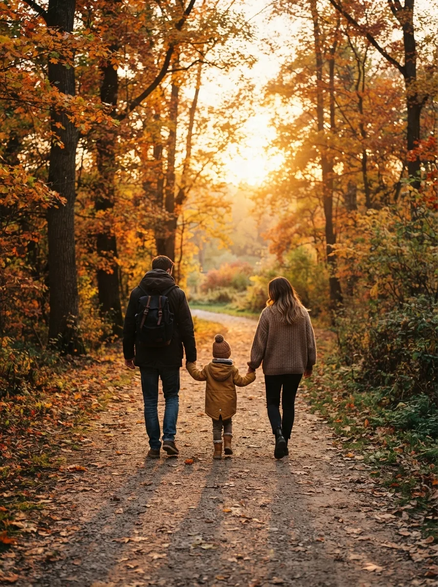 Family walking hand in hand through an autumn park