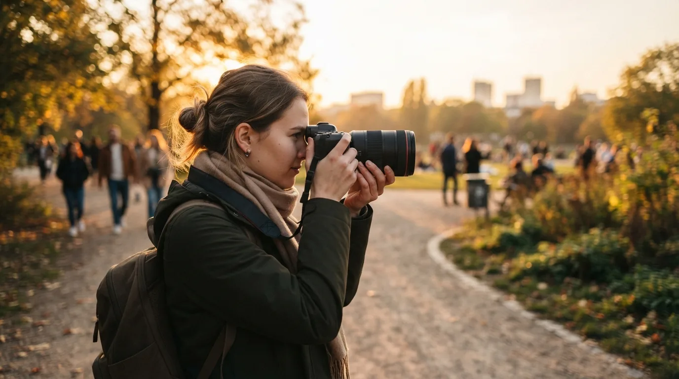 Photographer shooting in a Berlin park at golden hour