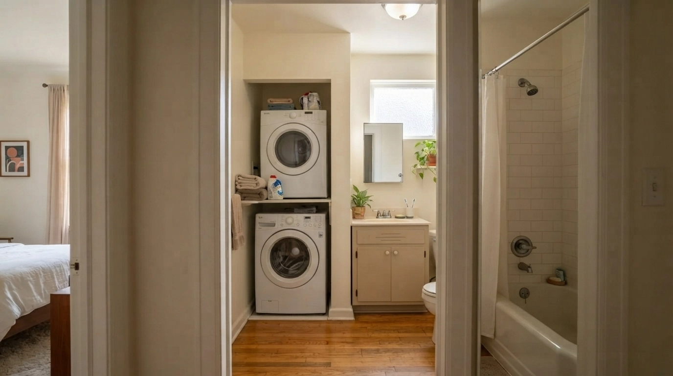 Modest bathroom with a tub and in-unit washer and dryer