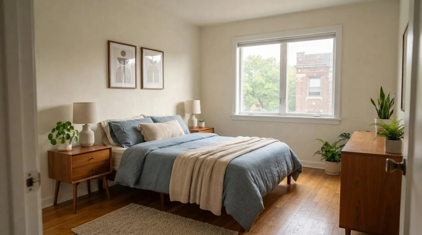 Calm furnished bedroom with a neatly made bed and hardwood floors