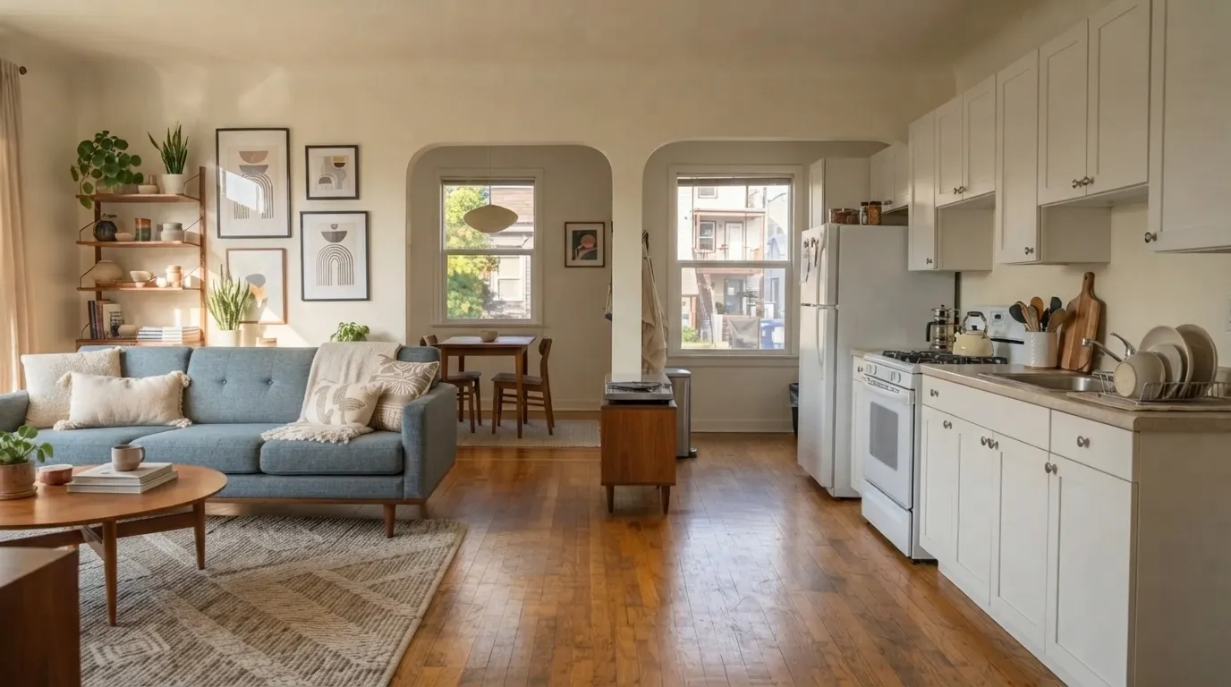 Full kitchen with white cabinets, appliances, and everyday kitchenware