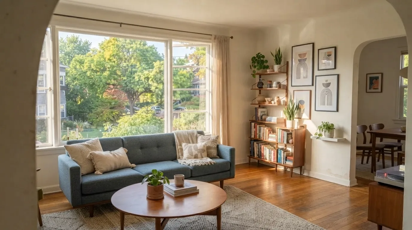 Furnished living room with a blue-gray sofa in soft morning light