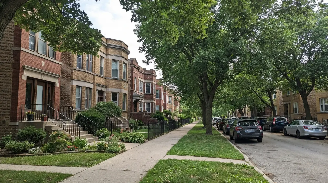 Tree-lined Logan Square block with brick two-flats and three-flats