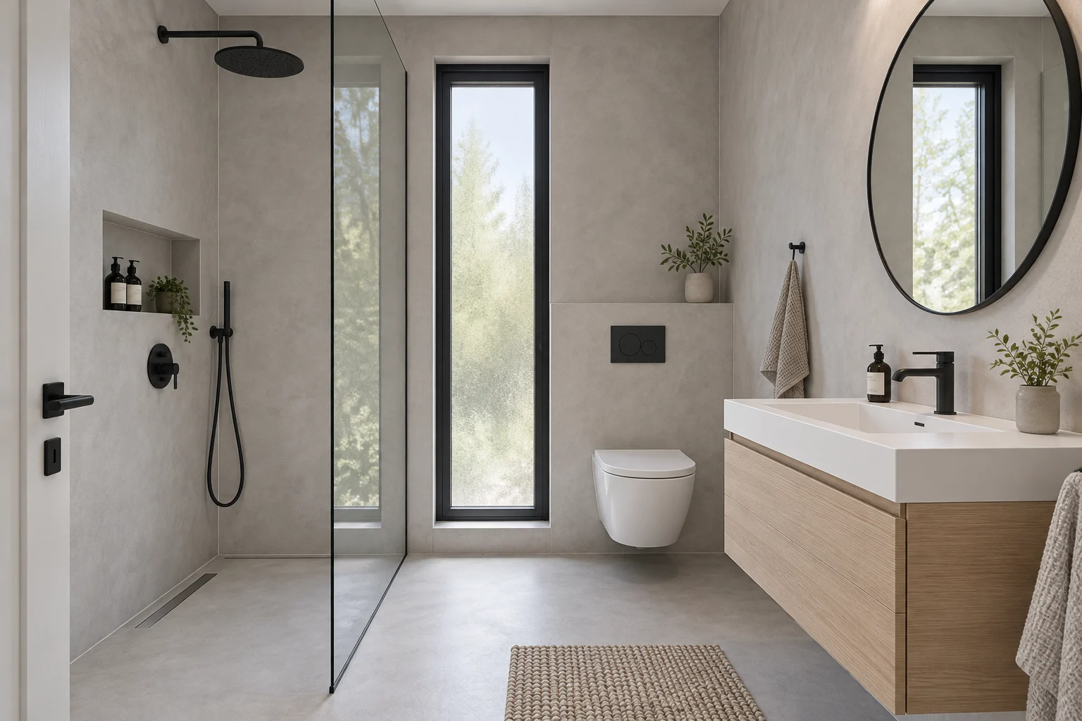 Cool-grey microcement bathroom with a glass shower, black fittings and a floating oak vanity