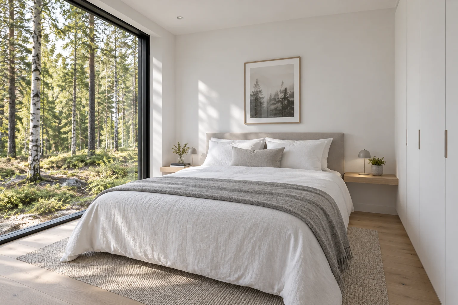 Queen bedroom with white linen, pale-oak bedside ledges and a full-height woodland window