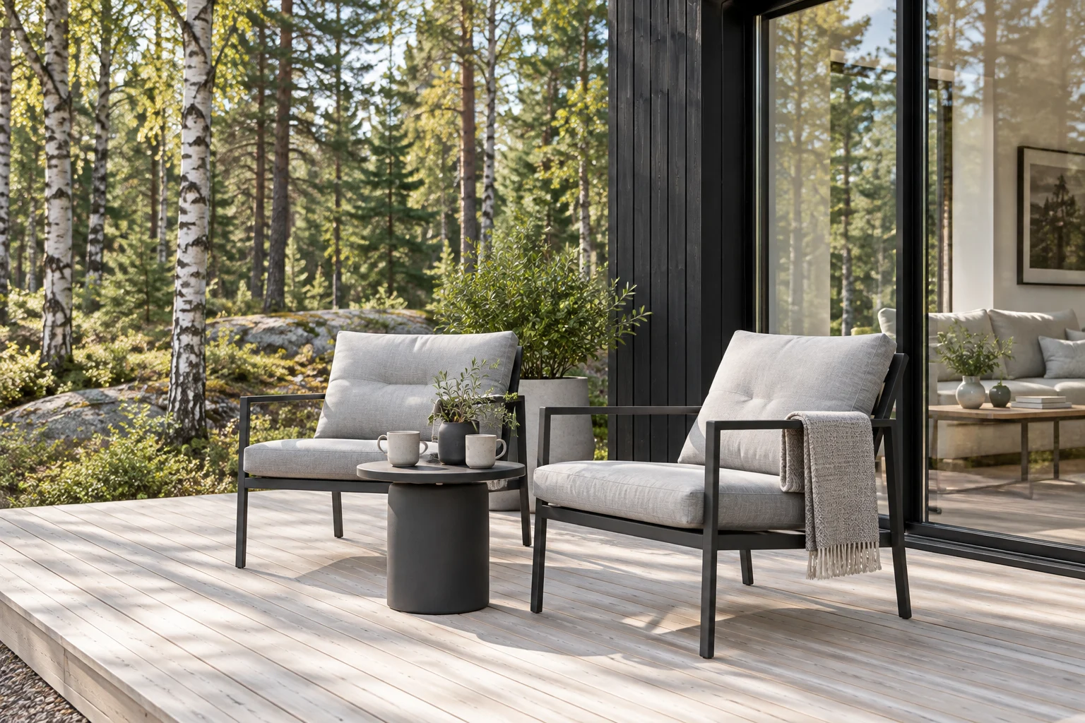 Two modern charcoal chairs with grey cushions on a pale deck beside the forest