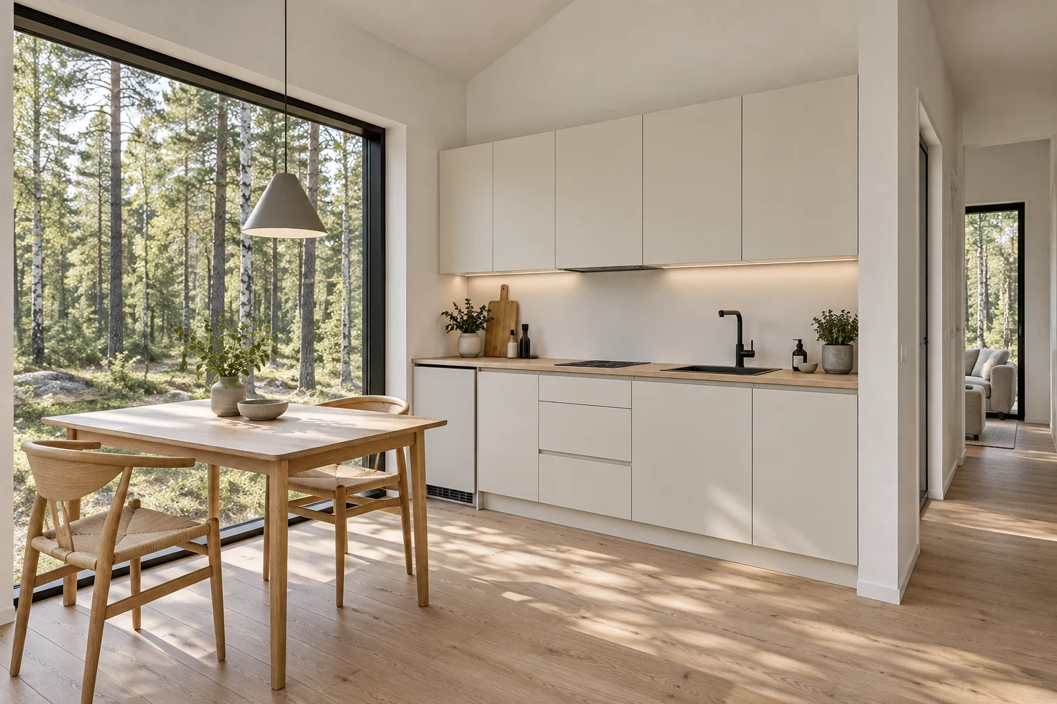Minimal white kitchen with pale-oak worktops, induction hob and a forest-facing dining nook