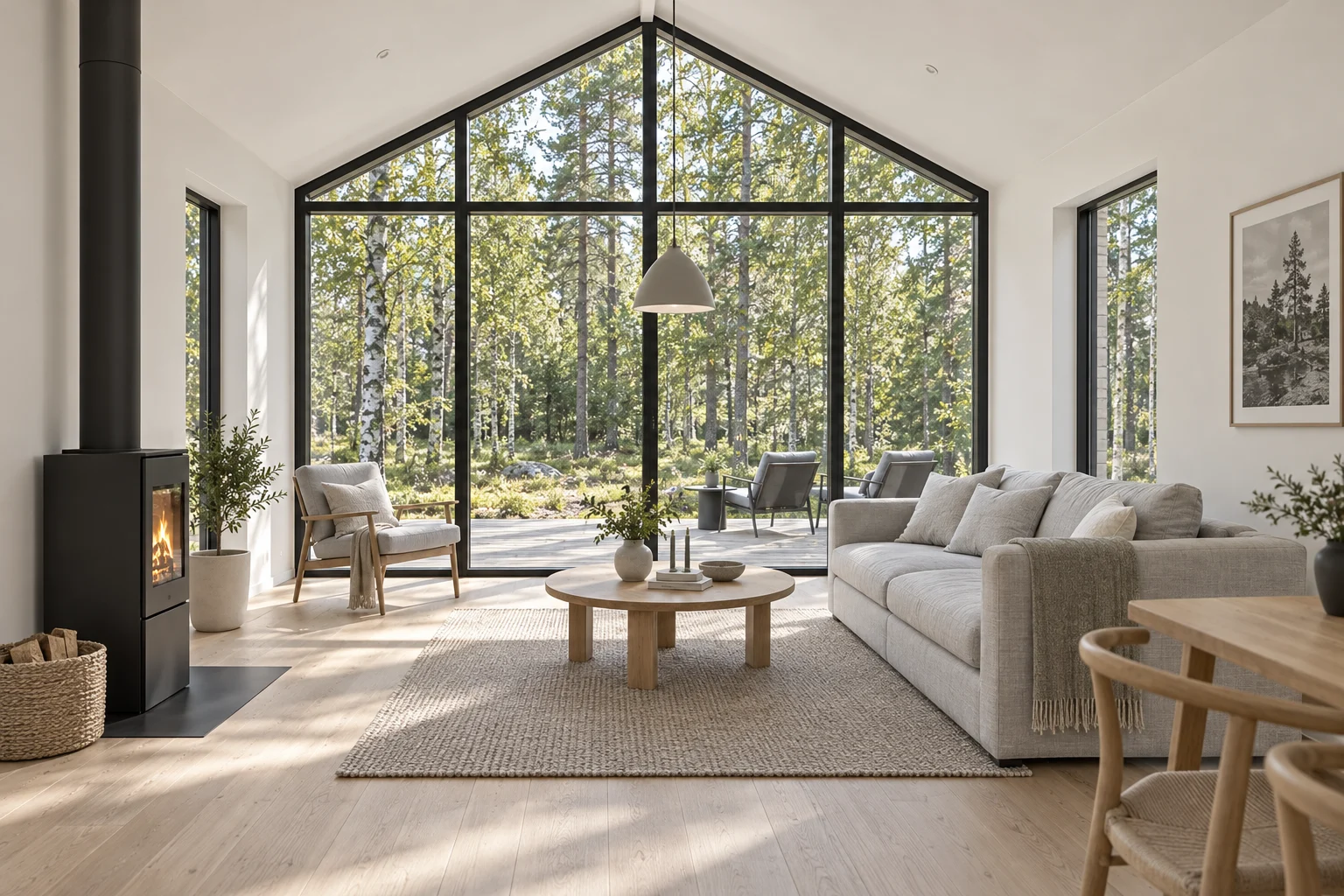Bright Nordic living room with a grey sofa, black stove and full-height forest-facing glazing