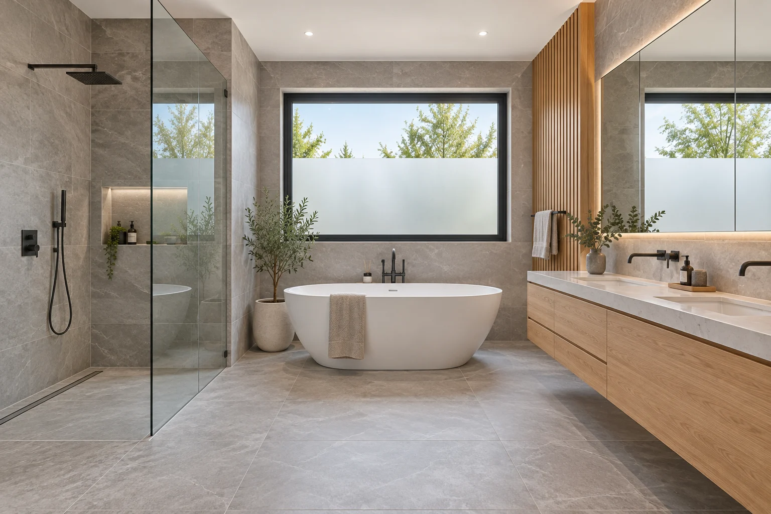 Grey stone bathroom with a freestanding bath, glass shower and oak double vanity