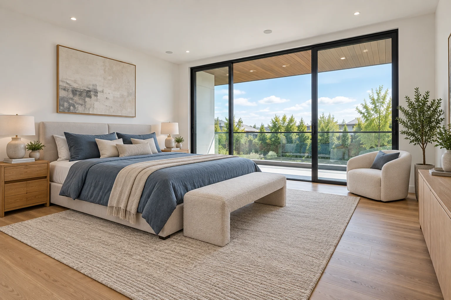 Primary bedroom with blue bedding and sliding doors onto a glass-fronted balcony