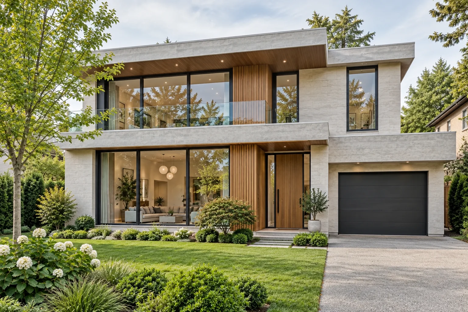 Contemporary two-storey pale-stone home with a glass balcony, oak entrance, garage and leafy front garden
