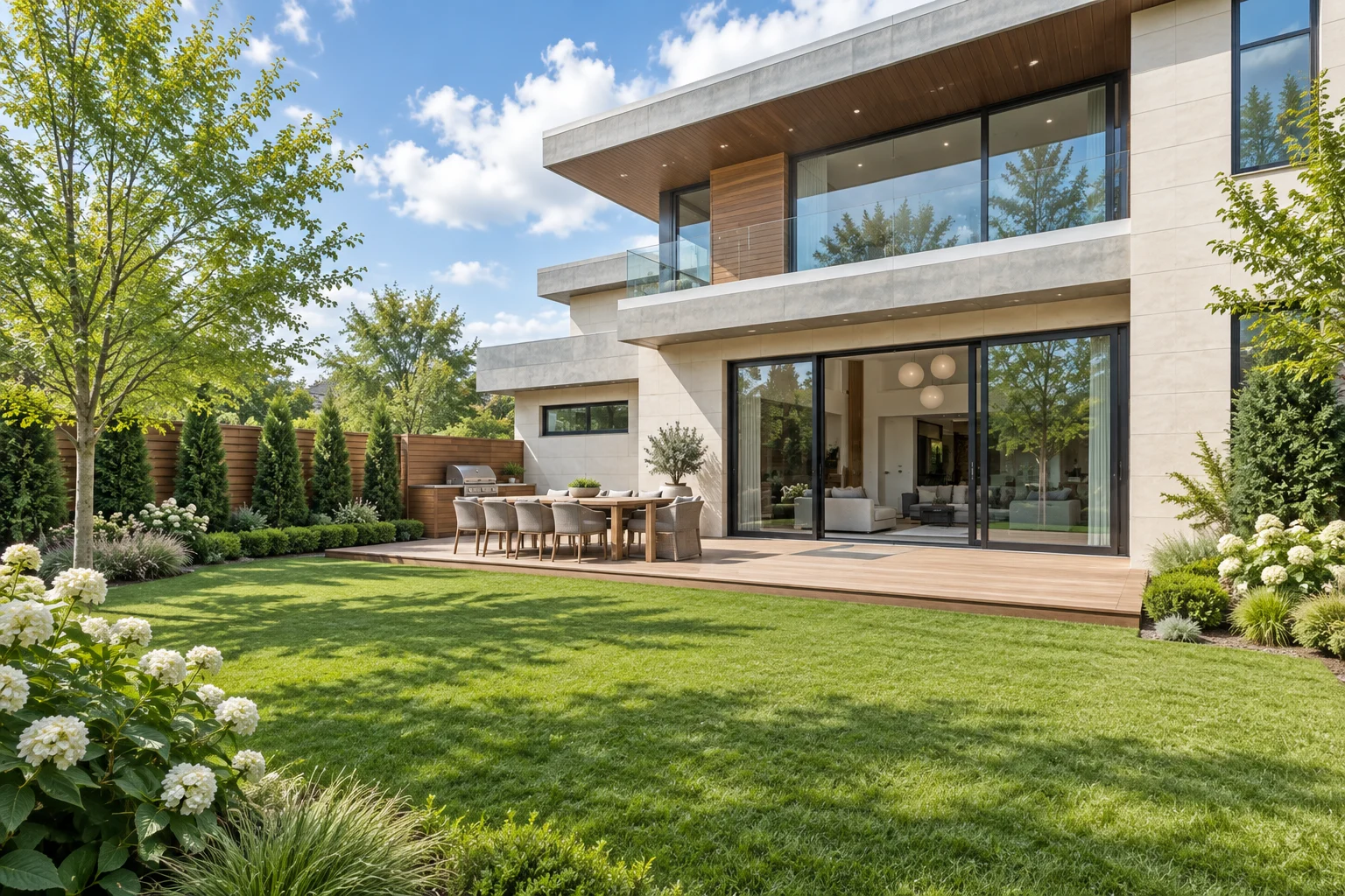 Enclosed lawn and outdoor dining deck behind the pale-stone house
