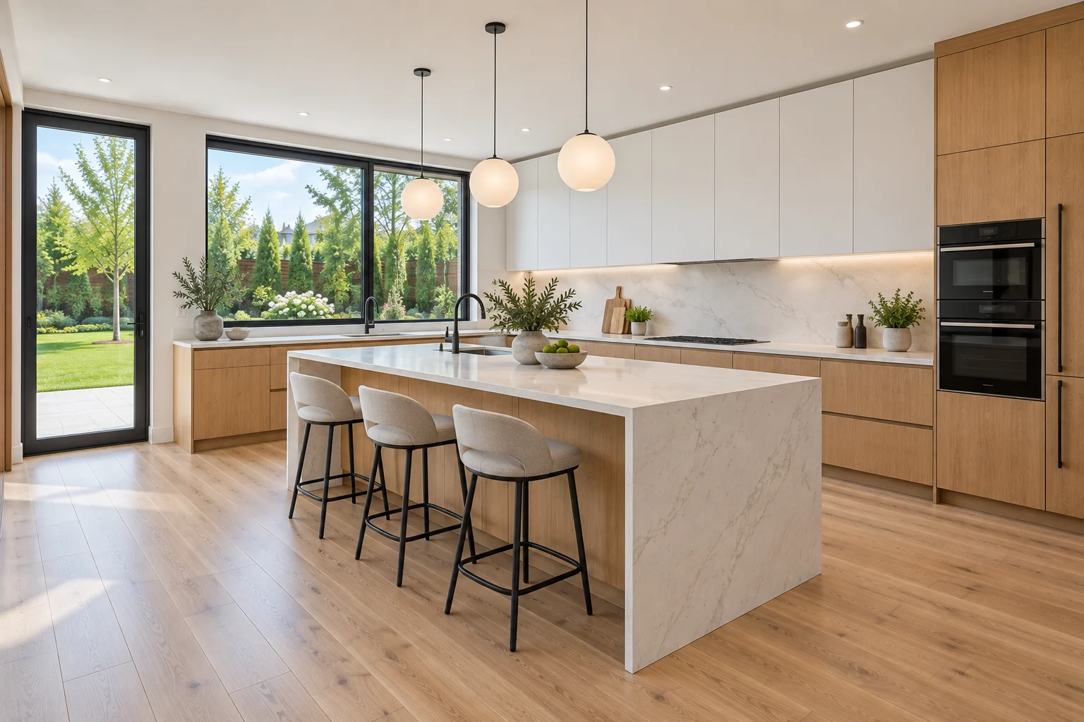 Oak and white kitchen with a stone island, three stools and integrated appliances