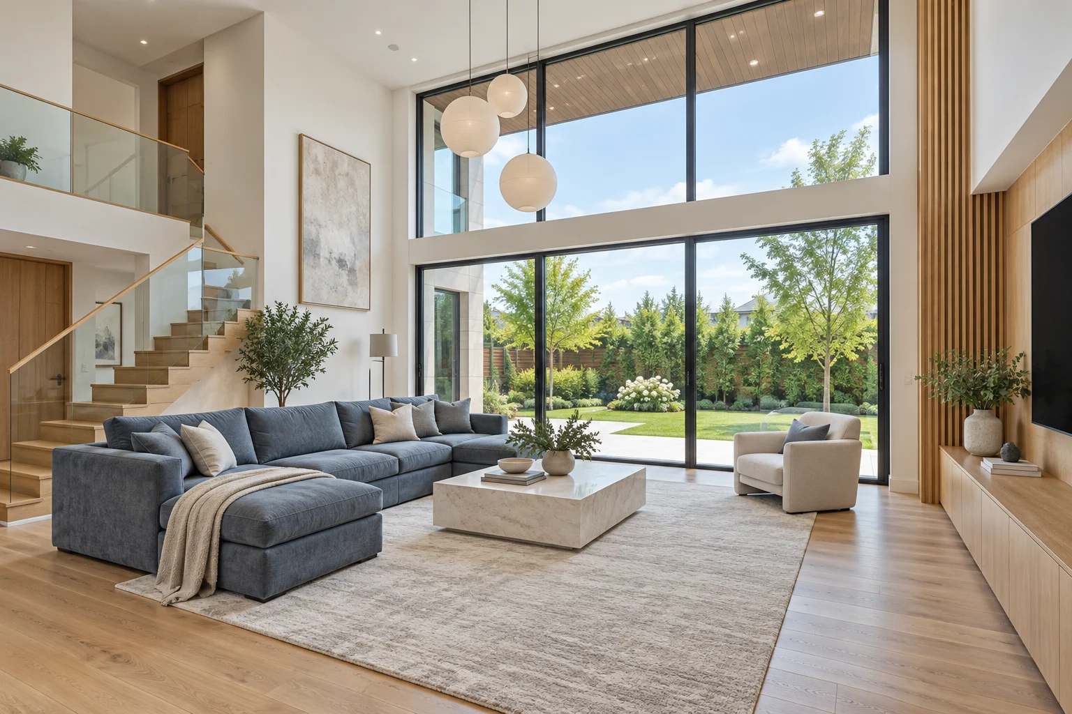 Double-height living room with a slate-blue sofa, oak floors and garden-facing windows