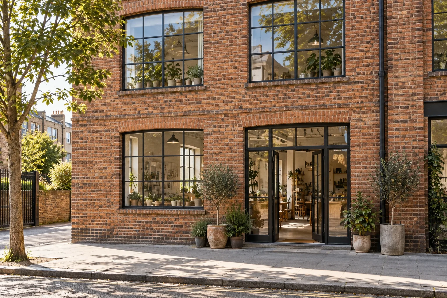 Red-brick warehouse facade with black grid windows and a glazed studio entrance