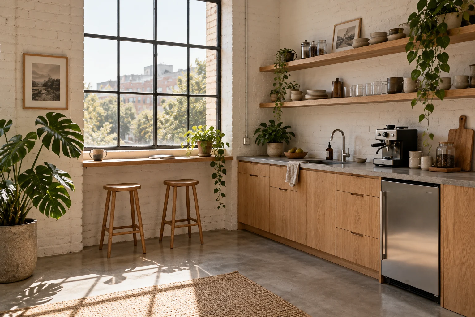 Office kitchen with oak cabinets, coffee machine, fridge and two window stools