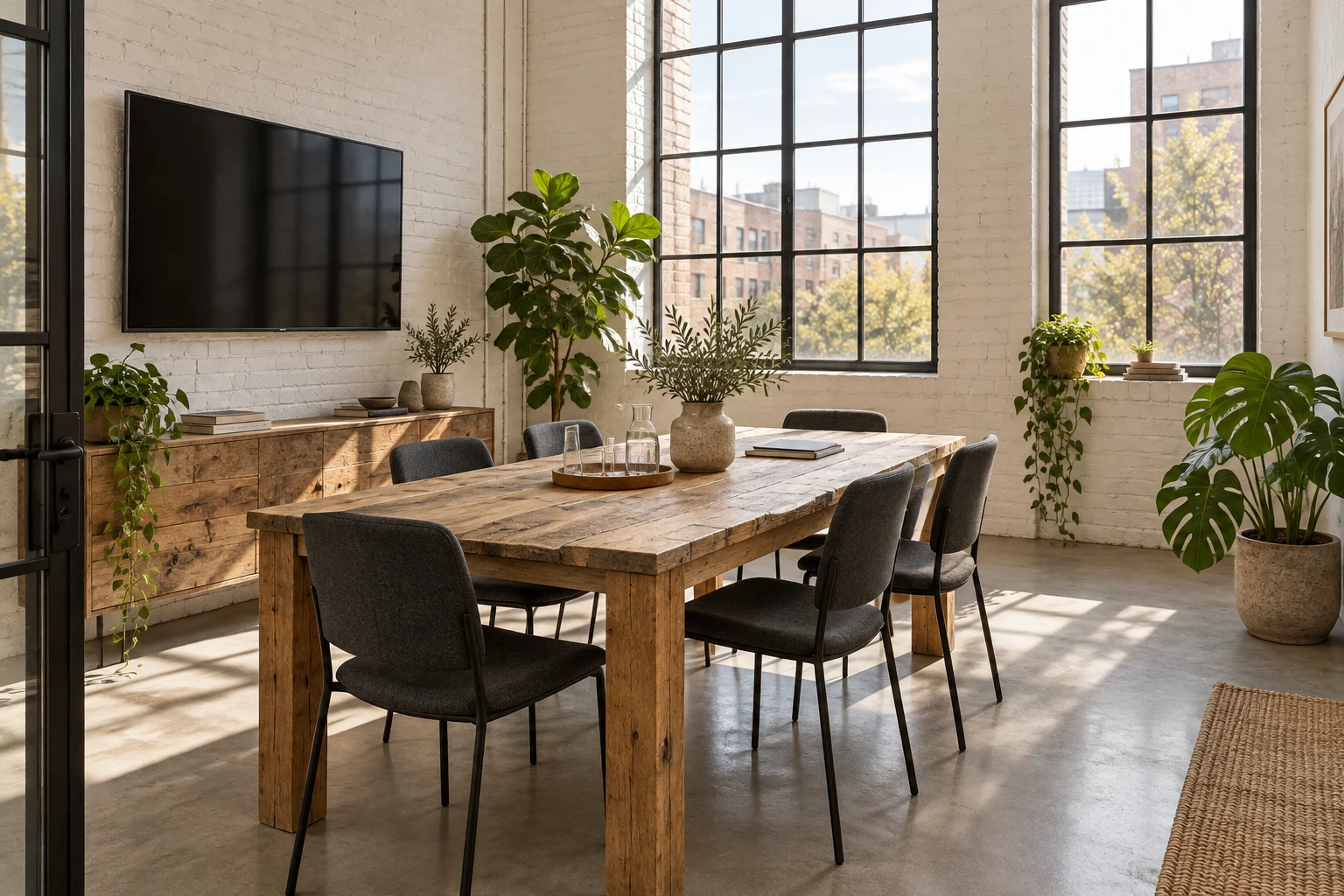 Six-seat meeting room with a wooden table, wall display and industrial grid windows