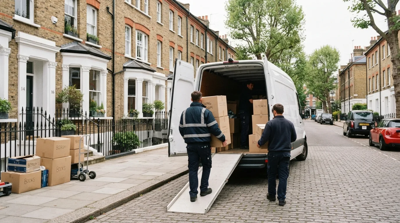 Movers loading boxes into a white van on a London street