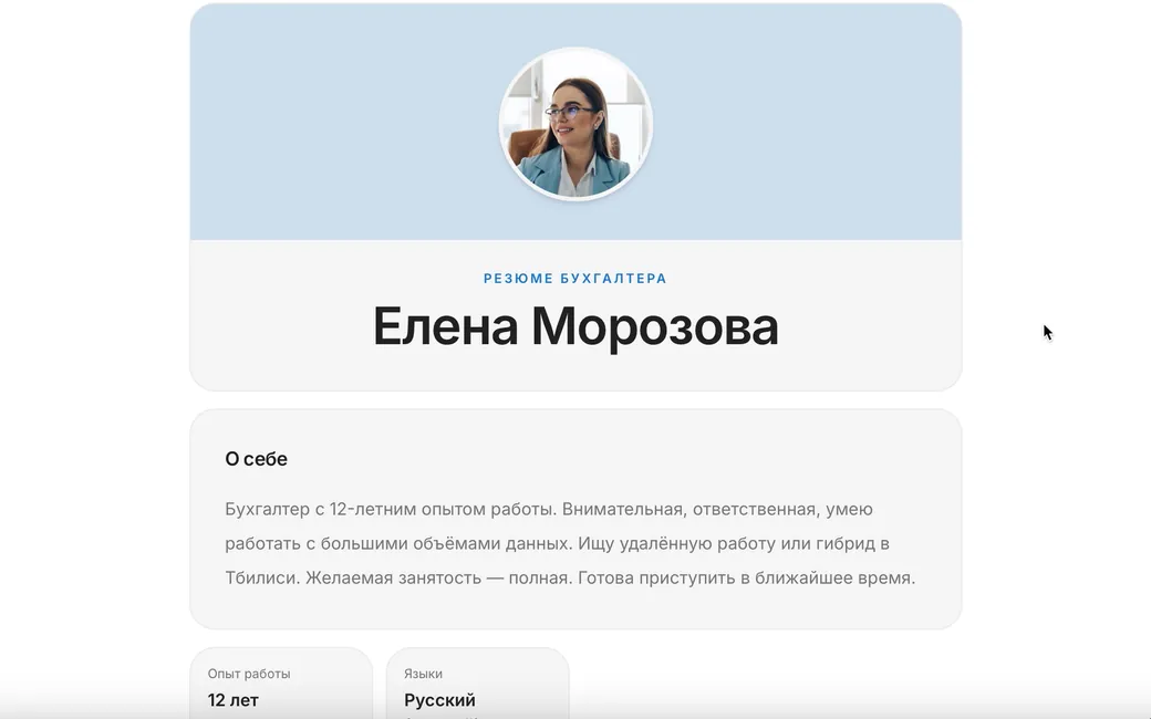 Пример страницы с резюме бухгалтера