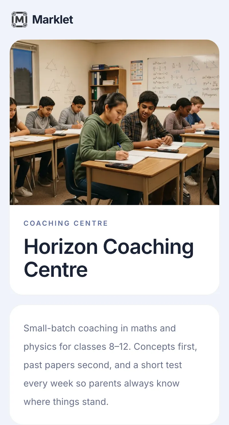 Coaching centre page created with Marklet