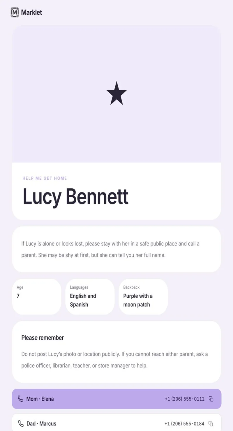 Child emergency contact page created with Marklet