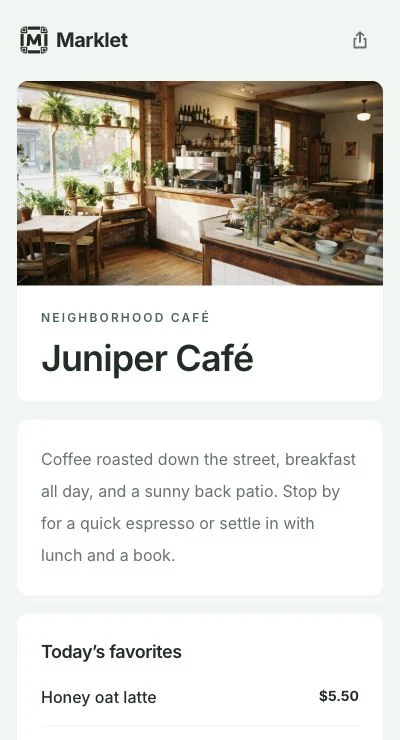 Neighborhood café menu created with Marklet