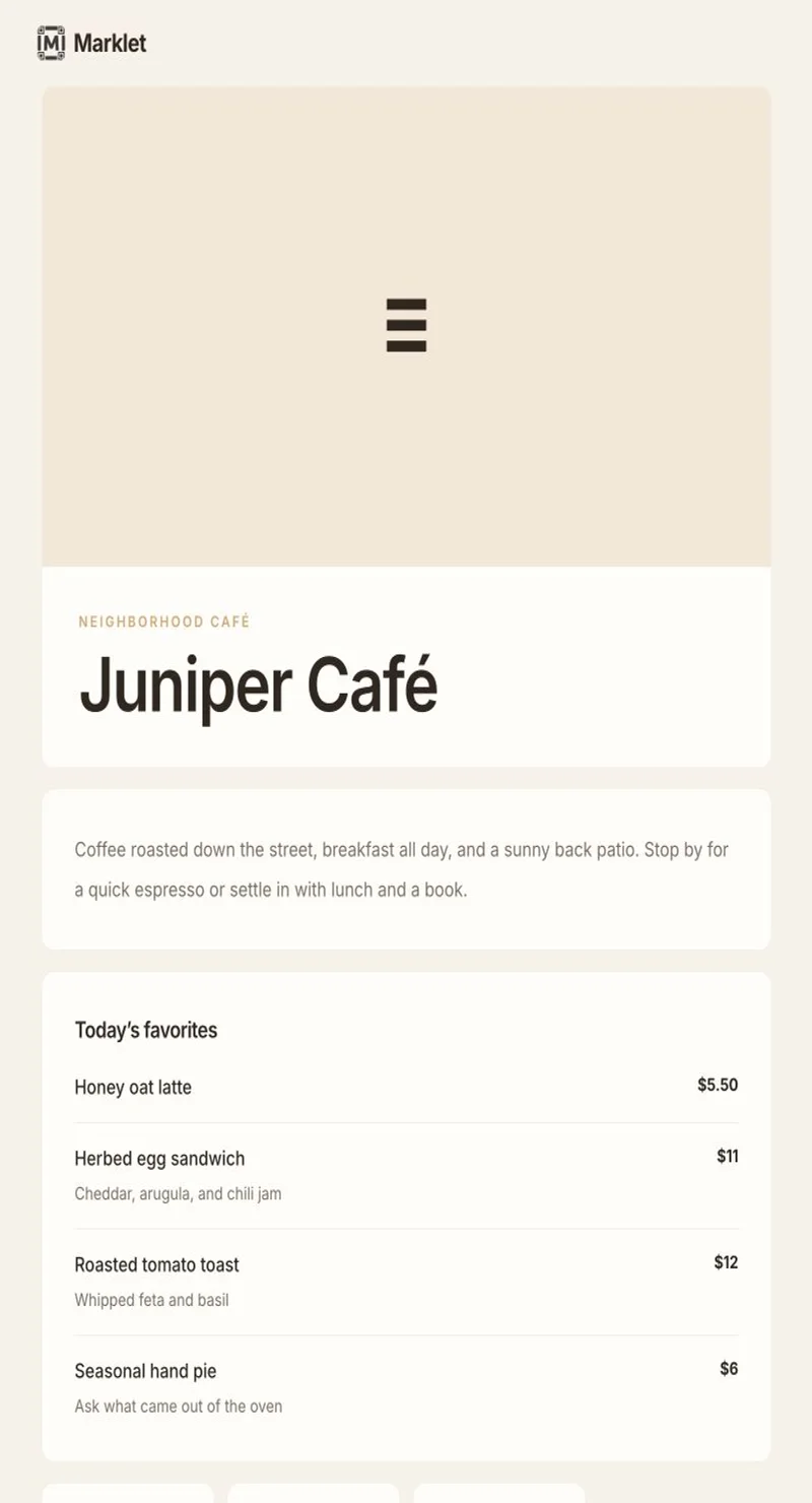 Neighborhood café menu created with Marklet