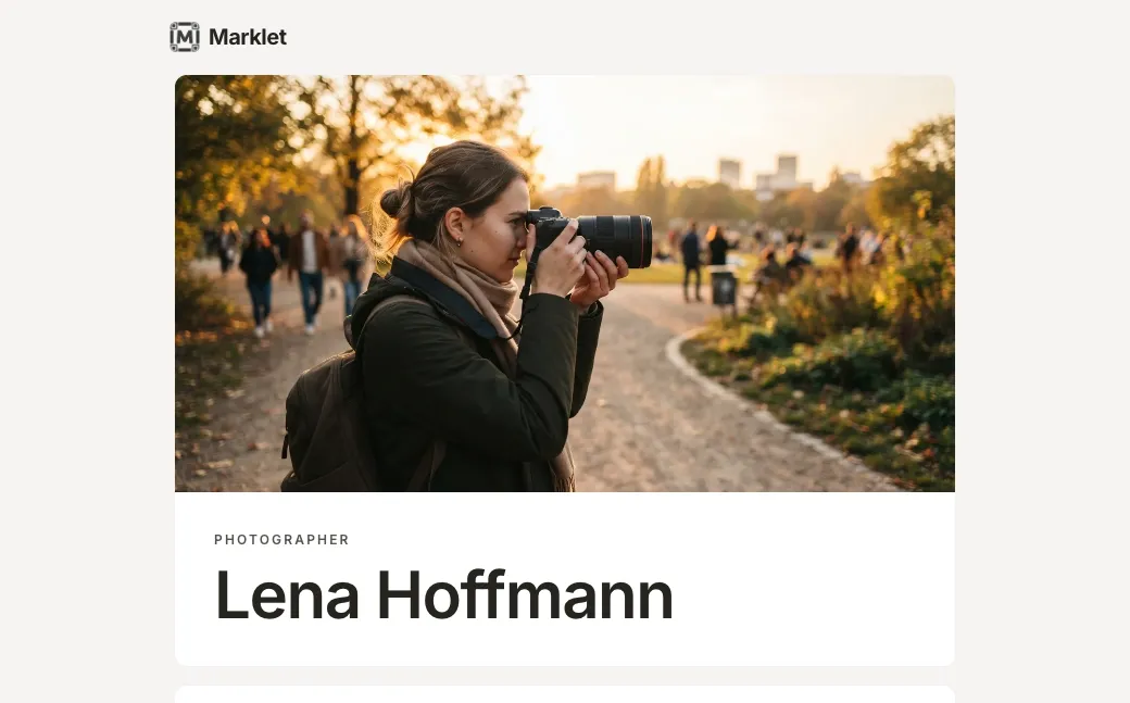 Photographer portfolio created with Marklet
