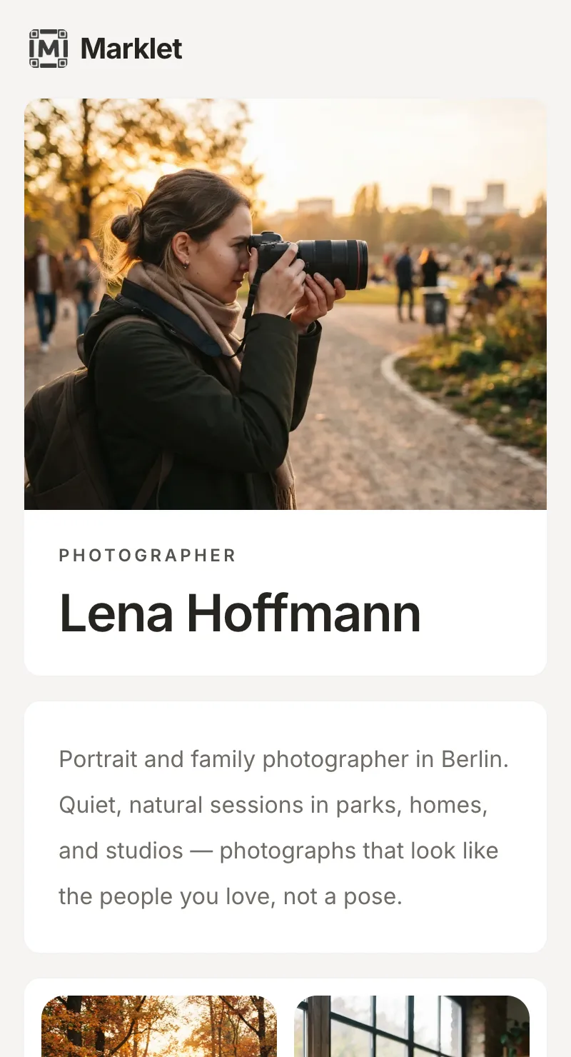 Photographer portfolio created with Marklet