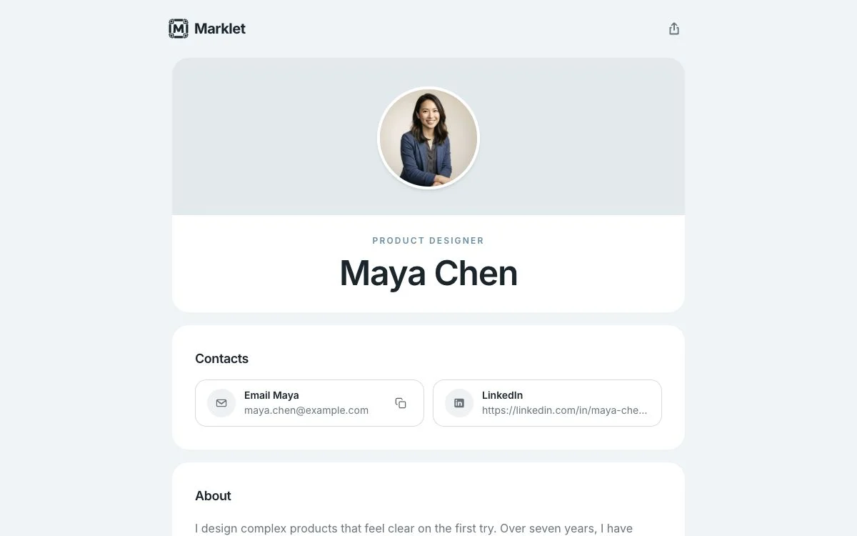 Product designer résumé created with Marklet