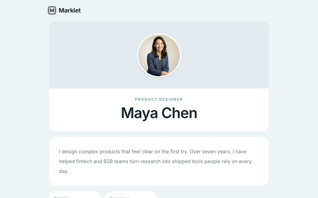 Product designer résumé created with Marklet