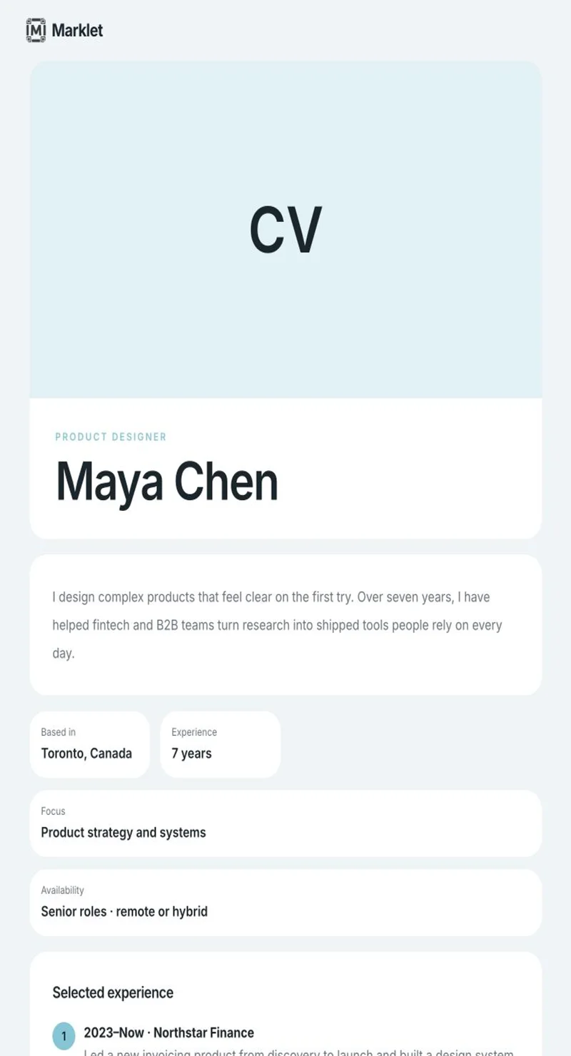 Product designer résumé created with Marklet