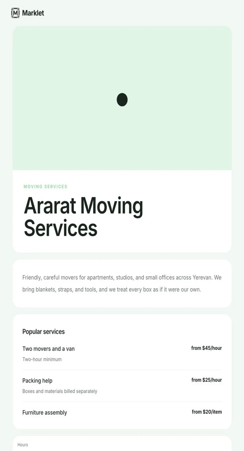 Moving services page created with Marklet