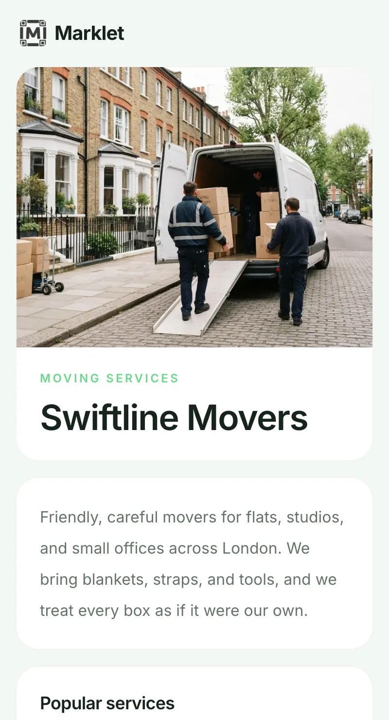 Moving services page created with Marklet